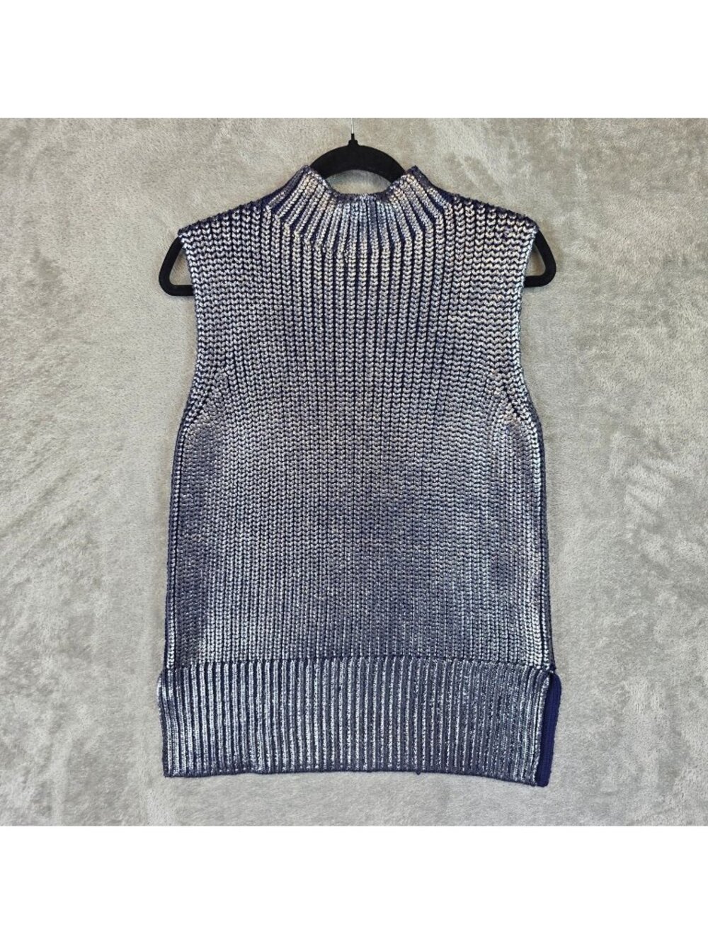 Pilcro Sweater Vest Womens XS Blue Foil Mock Neck Chunky Metallic Knit Pullover